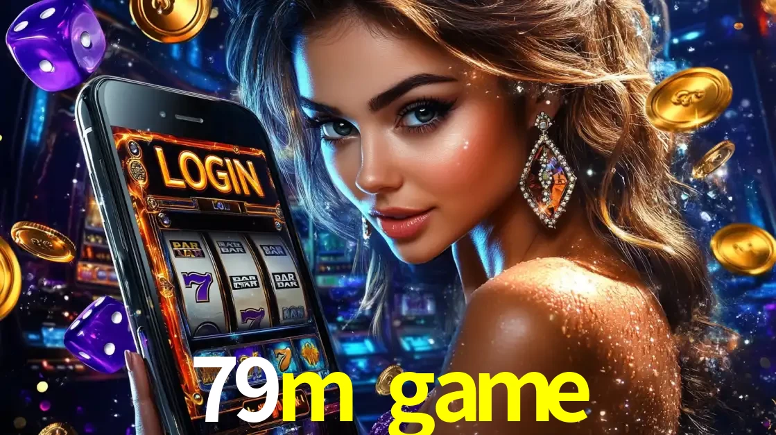 Mulher glamorosa segurando um smartphone com a tela de login para os jogos de caça-níqueis do cassino online 79m game, com moedas de ouro e dados ao redor.